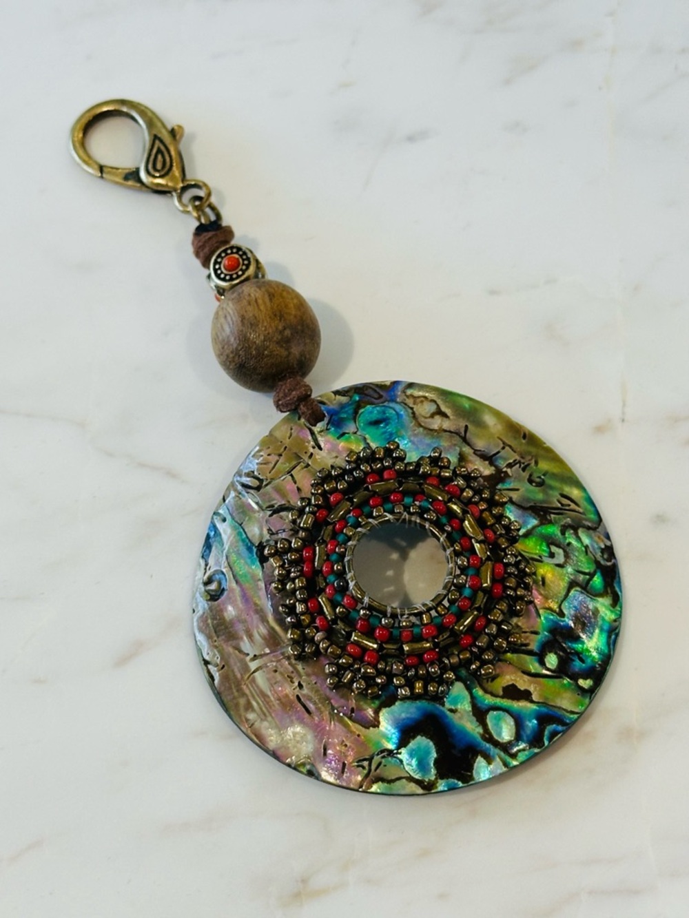 Coldwater Creek Round Abalone Shell Bag Charm Clip On Pendant Keychain